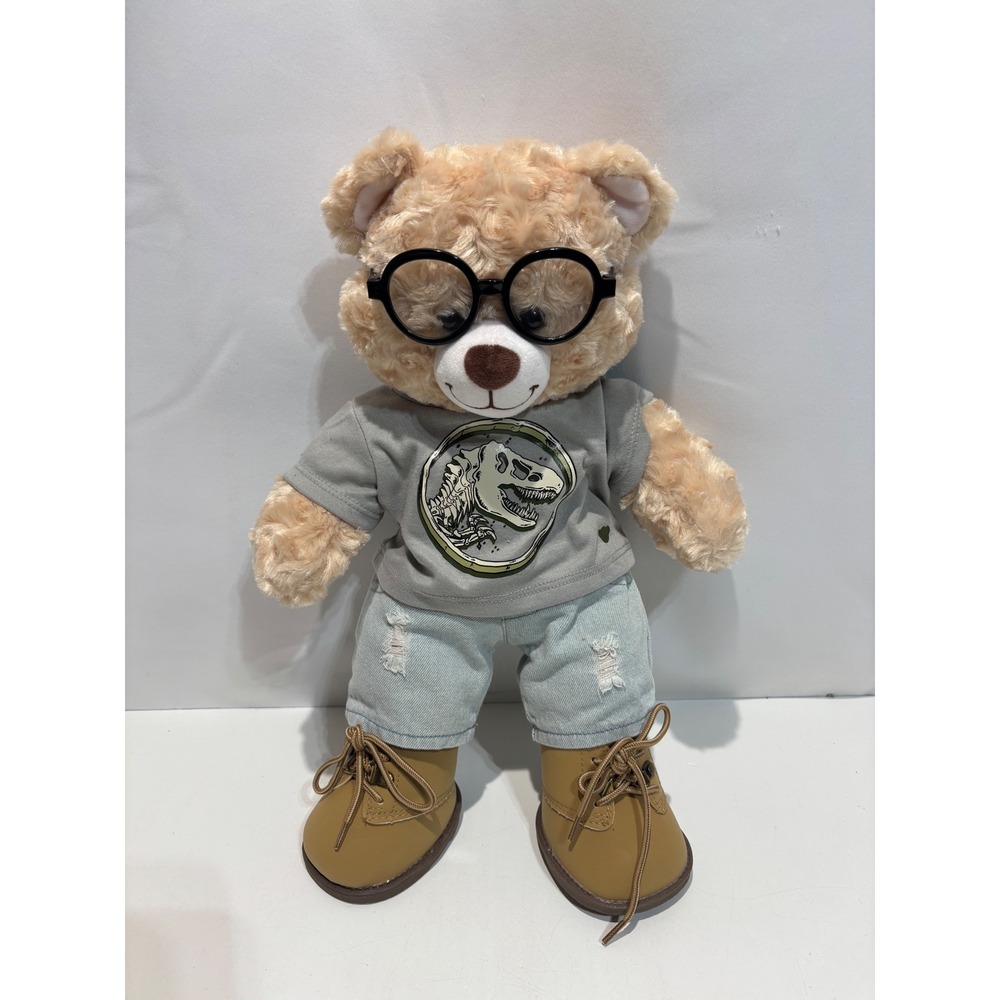 Build-A-Bear Plush Toy Kids 16in Tan Dinosaur Shirt Denim Jeans Boots Glasses